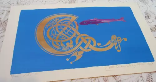 Irish Steven Doyle Letter C 1970's Signed Celtic Handprint Gold Blue Unframed