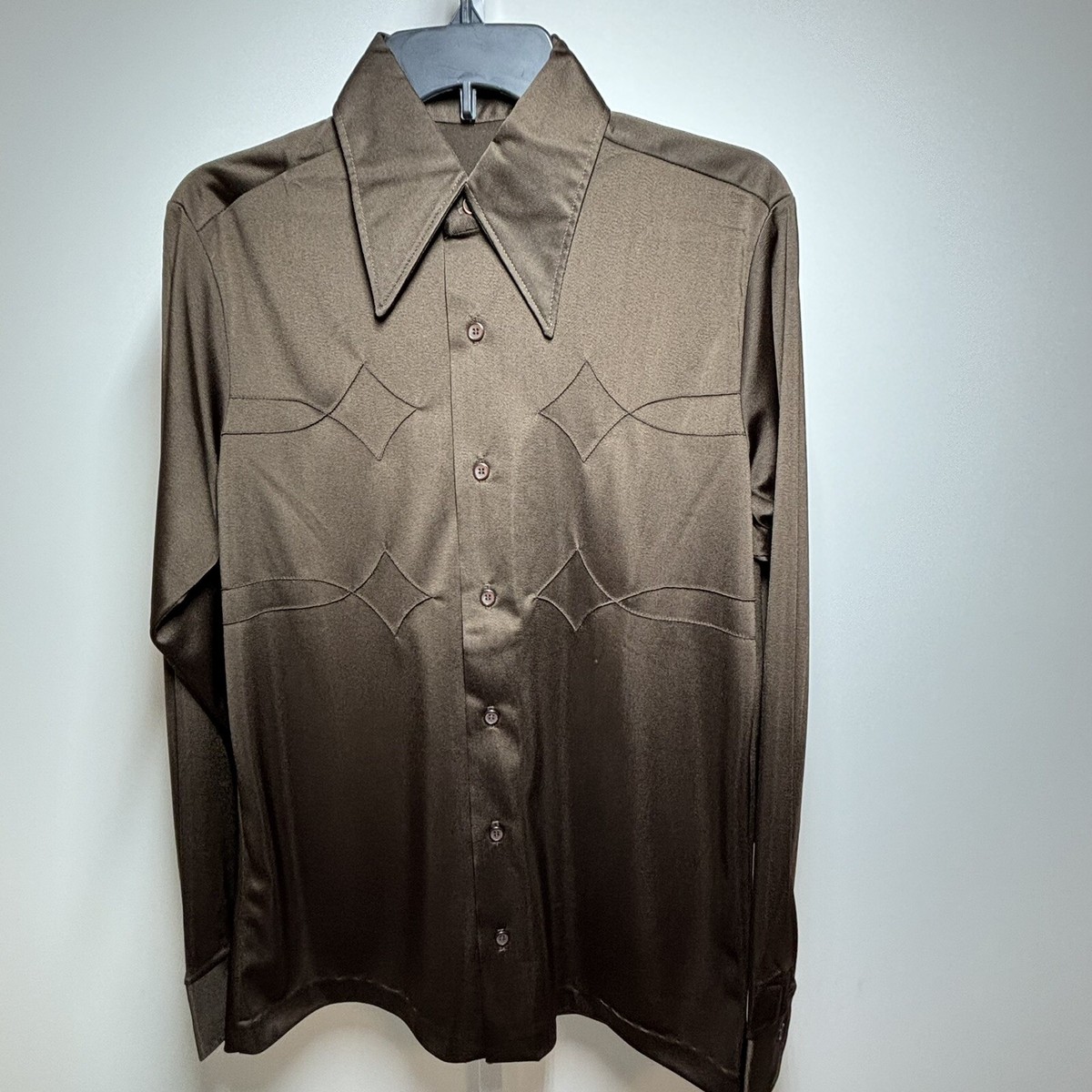 Vtg 70s Arnel Nylon Button Up Mens Dress Shirt Long Sleeves Dark Brown  Size M