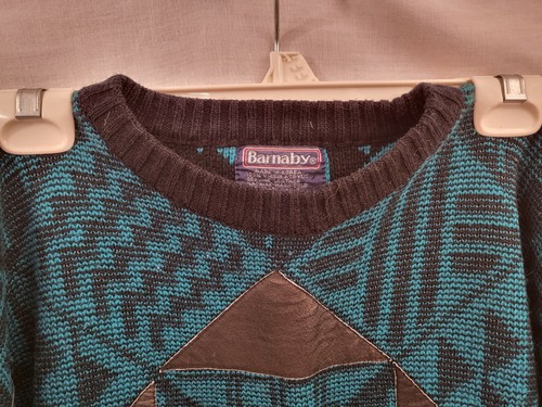 Vintage 80’s Barnaby Mens L Acrylic & Genuine Leather Sweater Pullover Teal NICE - Picture 8 of 8