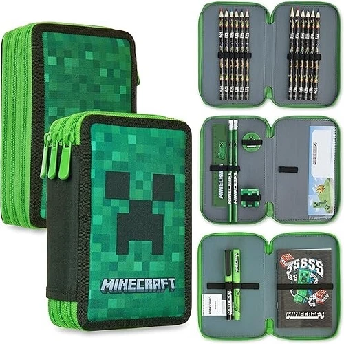 Minecraft Federmappe Mäppchen Federtasche Kinder Junge 3 Fächer + Schreibwaren