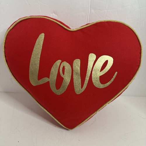 Red Gold Heart Shaped Pillow Canvas Plush Valentine Love You 12” X 10”