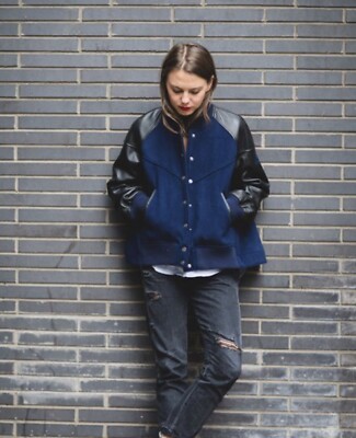 Nike Sacai Varsity Destroyer Wool Leather Bomber Jacket Cape Sz