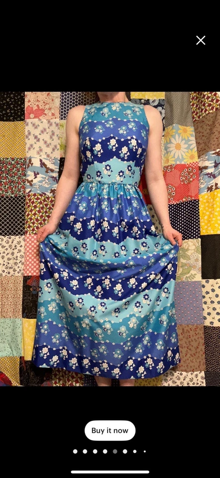 Винтажный 60-х психоделический макси синий цветочный богемный мод оп-арт официальный сарафан XS-POCKETS! - Изображение 4 из 4