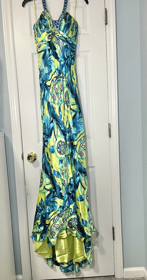 Y2K Fairy Mermaid Dress Womens 6 Blue Halter Beaded Whimsical Prom Colorful Silk - Image 2 of 4