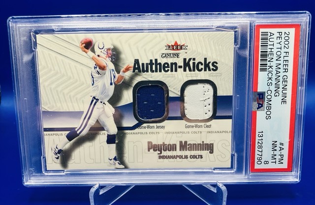 2002 Fleer Genuine Peyton Manning /25 Authen-Kicks Game Used Cleat & Jersey PSA