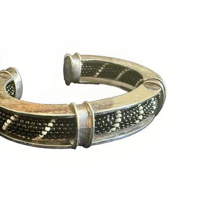 Sterling Silver 925 Cuff Micro-bead Bracelet Black White Woven Beads Silver 43gr