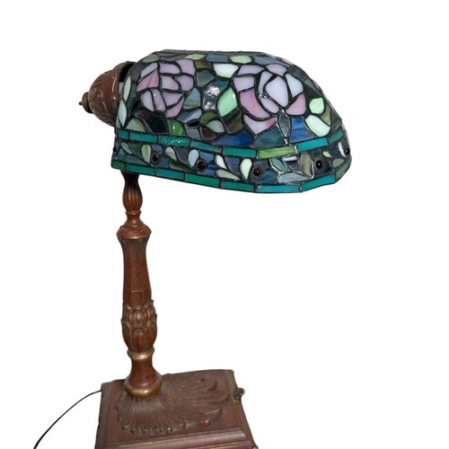 Vintage Floral Design Tiffany Style Stained Glass Desk Lamp Shade Only VTG