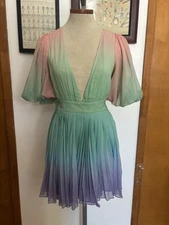 ROCOCO SAND: *NWOT Chiffon Puff Sleeve Pastel Rainbow Gradient Dress SZ.S(MULTI)