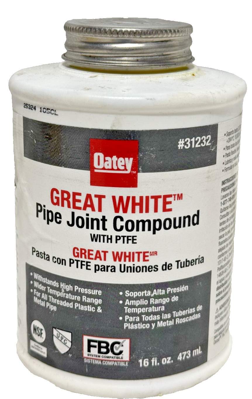 Lot of 9 Oatey 31232 Great White Pipe Joint Compound PTFE 16 oz Thread Sealant
