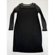 Eileen Fisher Black Lace Sleeve Illusion Neck Shift Dress Medium Made in USA