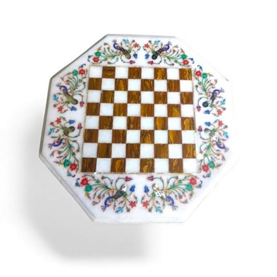 18'' Antique Marble Chess Table Top Semiprecious Tiger Eye Inlaid Stone Home Dec