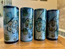 FOUR (4) Vintage Tonala Mexican pottery vases Cylinder Tumbler Floral Mint