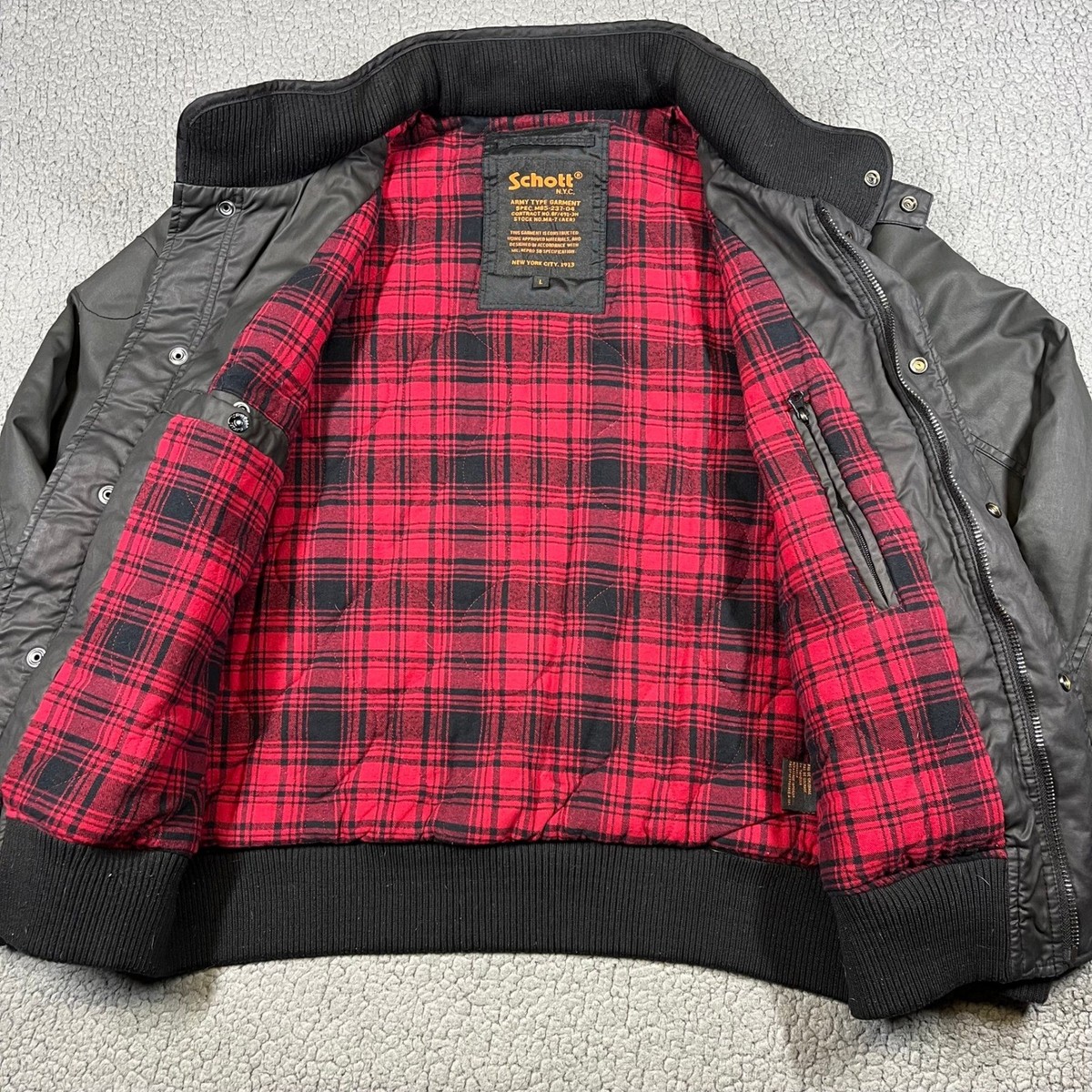 Schott NYC Army Type Bomber Jacket Grey Coated Cotton Plaid Lined M85-237-04 L View 6
