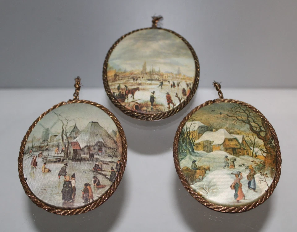 Bild auf Stoff alt Trio 3er Set Winterlandschaft um 1900 Stoffbild oval antik