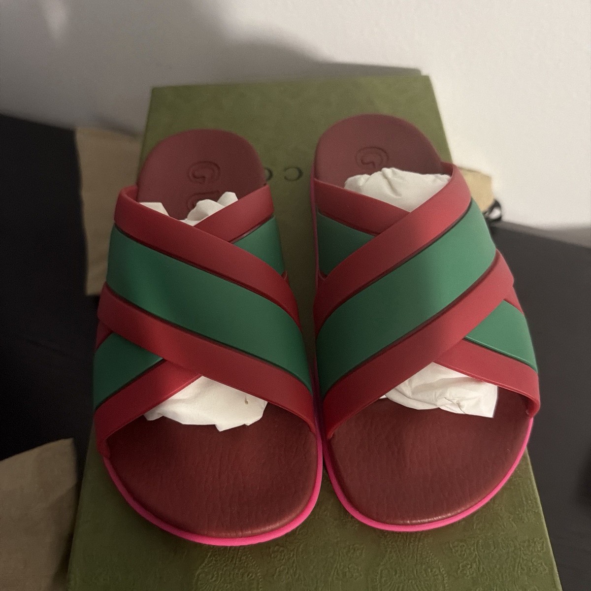 Gucci Women's Pink Red Green Slide Sandals Rubber Lightweight Logo