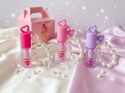 Lumine Lip Gloss Liquid, Pink Purple, Shine, Strawberry, Keychain 3pcs Set