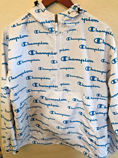 Champion Windbreaker Hoodie Jacket Logo White/Blue Pockets W/zip Size M