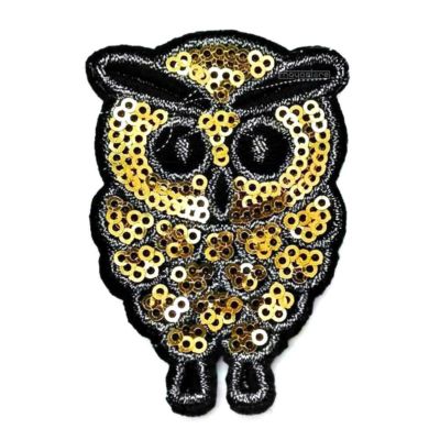 EULE PATCH AUFNÄHER BLACK OWL GOLD TIER PAILLETTEN AUFBÜGLER VOGEL BIRD GLITZER