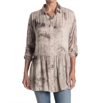 New Lovestitch Tie Dye Drop Waist Button Down Tunic Top Mini Dress Cement Small