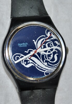 Swatch 1990 “Tristan” Watch Decorative Swirl Silver Blue Dial