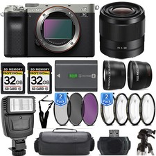 Sony a7C Camera Silver 28mm f/2 Lens Flash Extra Battery -Mega Kit