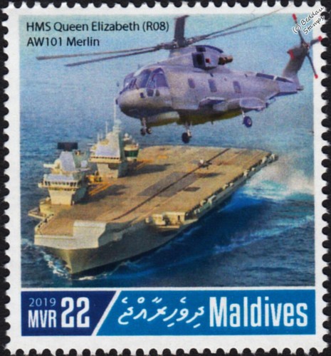 HMS QUEEN ELIZABETH Aircraft Carrier & AW101 MERLIN Helicopter NATO Stamp (2019)