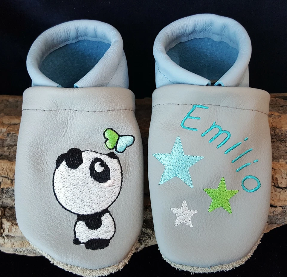 Krabbelschuhe/Lederpuschen Pandabär Bär Name Namen bestickt personalisiert Stern