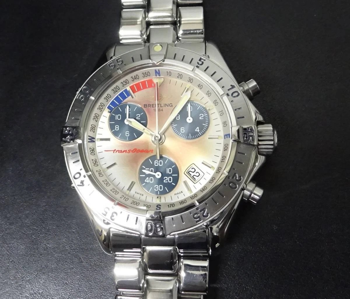 BREITLING Transocean Chronograph A53040.1 Quartz Silver Dial Bracelet Mens Watch