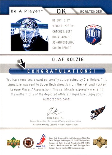 SÉRIE OLAF KOLZIG #2/10 AUTOGRAPHE WASHINGTON CAPITALS 2005-06 Be A Player OR - Photo 2 sur 2