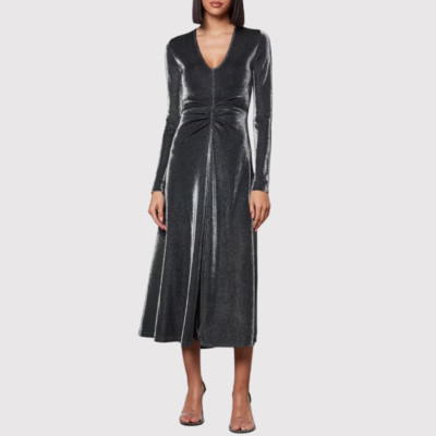 ROTATE Birger Christensen Women Dress Black Metallic Midi V Neck Fit Flare Small
