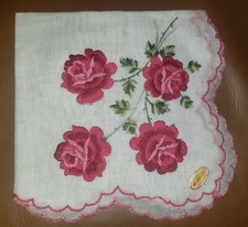 Vintage Red Rose Floral Hankie Switzerland Tag 11" NOS Mid Century NEW