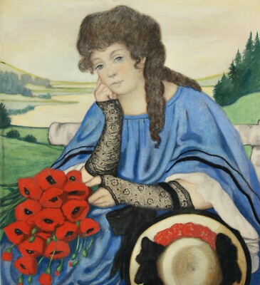 Sitting Young Woman with a Bouquet of Poppies, Art Nouveau Watercolor, c1900