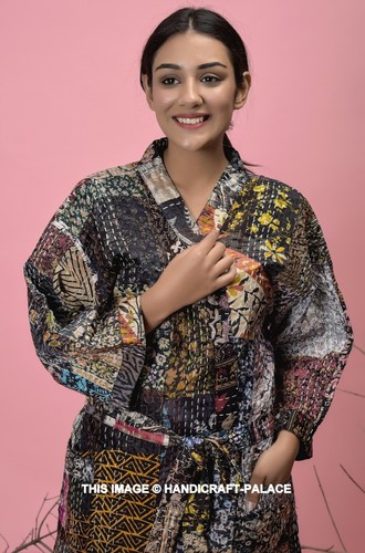 Seda Patchwork Handmade Kantha Chaqueta Kimono Japonés Estilo Bata de Invierno - Imagen 4 de 7