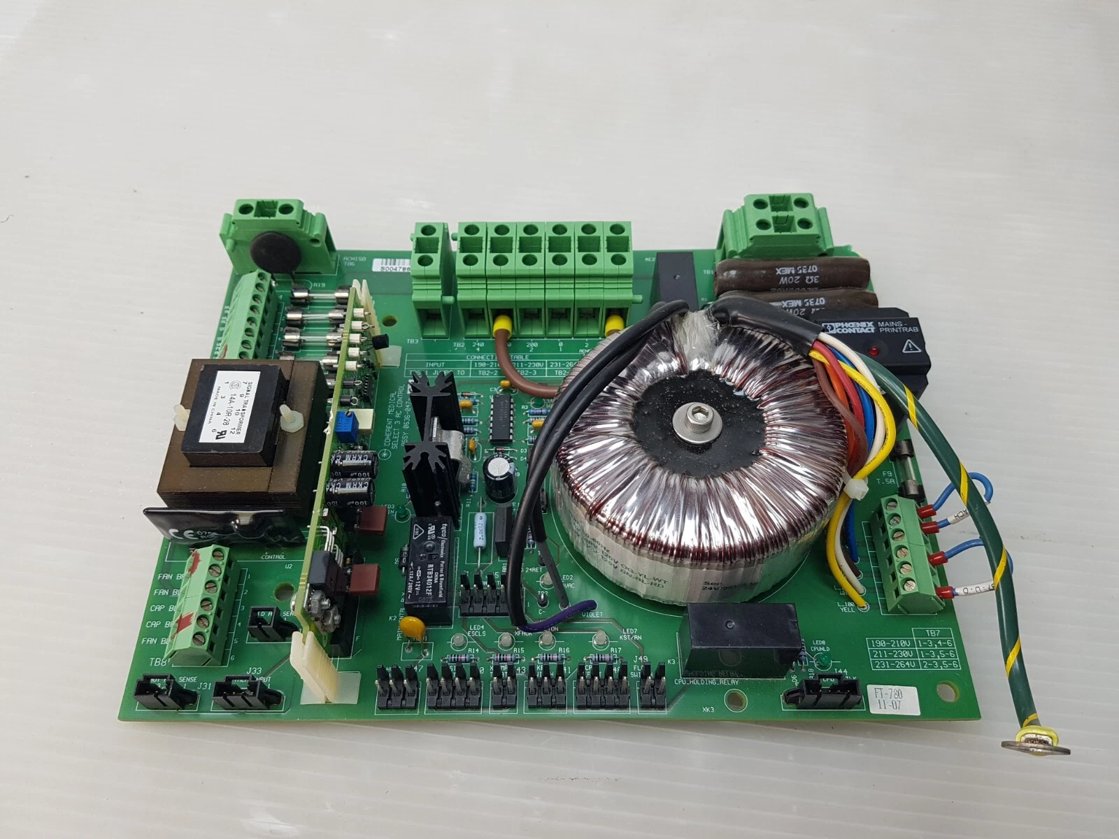 0636-047-01 AC Control PCB rotated, showing the 14A-10R-28 transformer and fan speed daughterboard