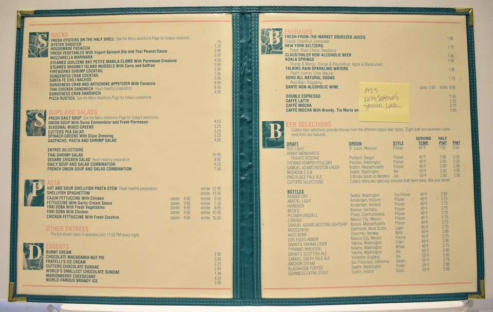 Vintage 1993 Cutters Bay House Market Place Restaurant Menu Seattle
