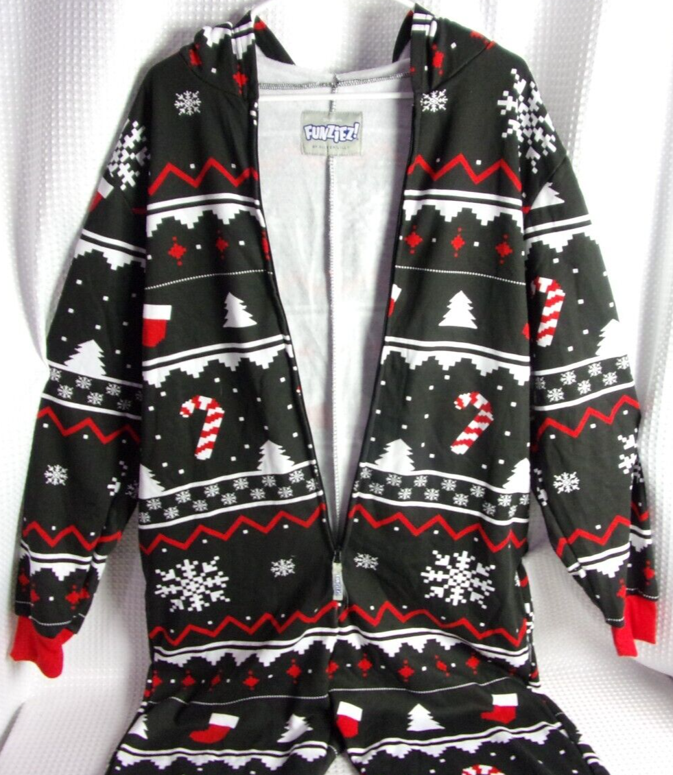 Funziez By Silver Lilly Fair Isle Candy Cane Christmas Adult Bodysuit  Pajama NWT