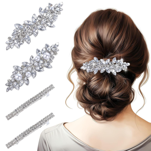 4 Pcs Silver Rhinestone Hair Clip Hair Barrettes for Women Crystal Pearl Flower