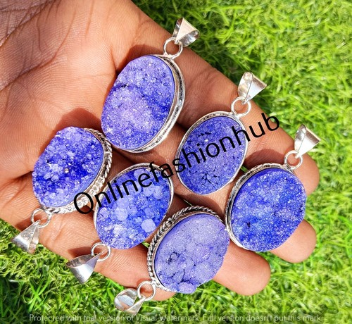 Purple Titanium Druzy Gemstone 10pcs Wholesale Lot 925 Silver Plated Pendants - Picture 2 of 3