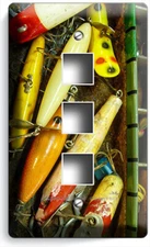 VINTAGE FISHERMAN FISHING TACKLE LURE GEAR BOX LIGHT SWITCH OUTLET PLATES DECOR
