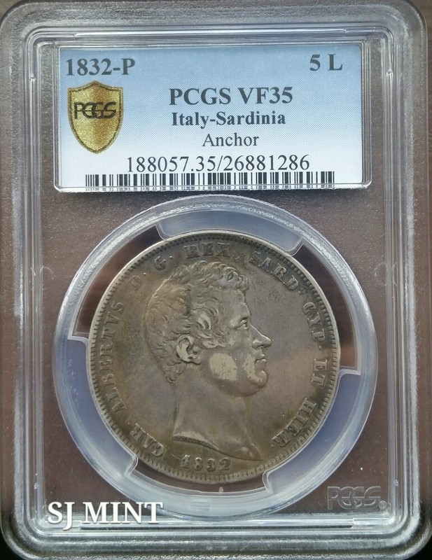 1832 P 5 Lire Silver .Italy - Sardinia  ANCHOR.PCGS VF 35,   RARE.  LOW MINTAGE 