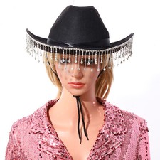 Women Bridal Shiny Fringe Decorated Western Cowboy Party Hat with Drawstring,HQ
