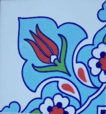 Light Blue 4''x4'' Raised Iznik Ceramic Daisy & Tulip Pattern Tile Border Corner