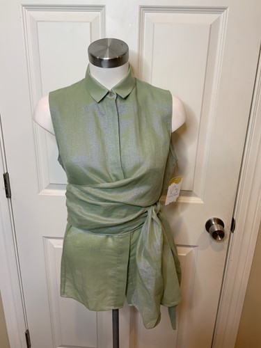 Akris Punto Green Blue Shimmer Long Button-Up Tank Top W/ Tie, Size 8