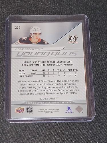 2024-25 UD Serie 1 Olen Zellweger Outburst Red Young Guns Rookie 10/25 #236 - Imagen 2 de 2