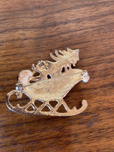 Vintage Enamel Rhinestone Christmas Sleigh Brooch tree angel cherub holiday - Picture 3 of 3