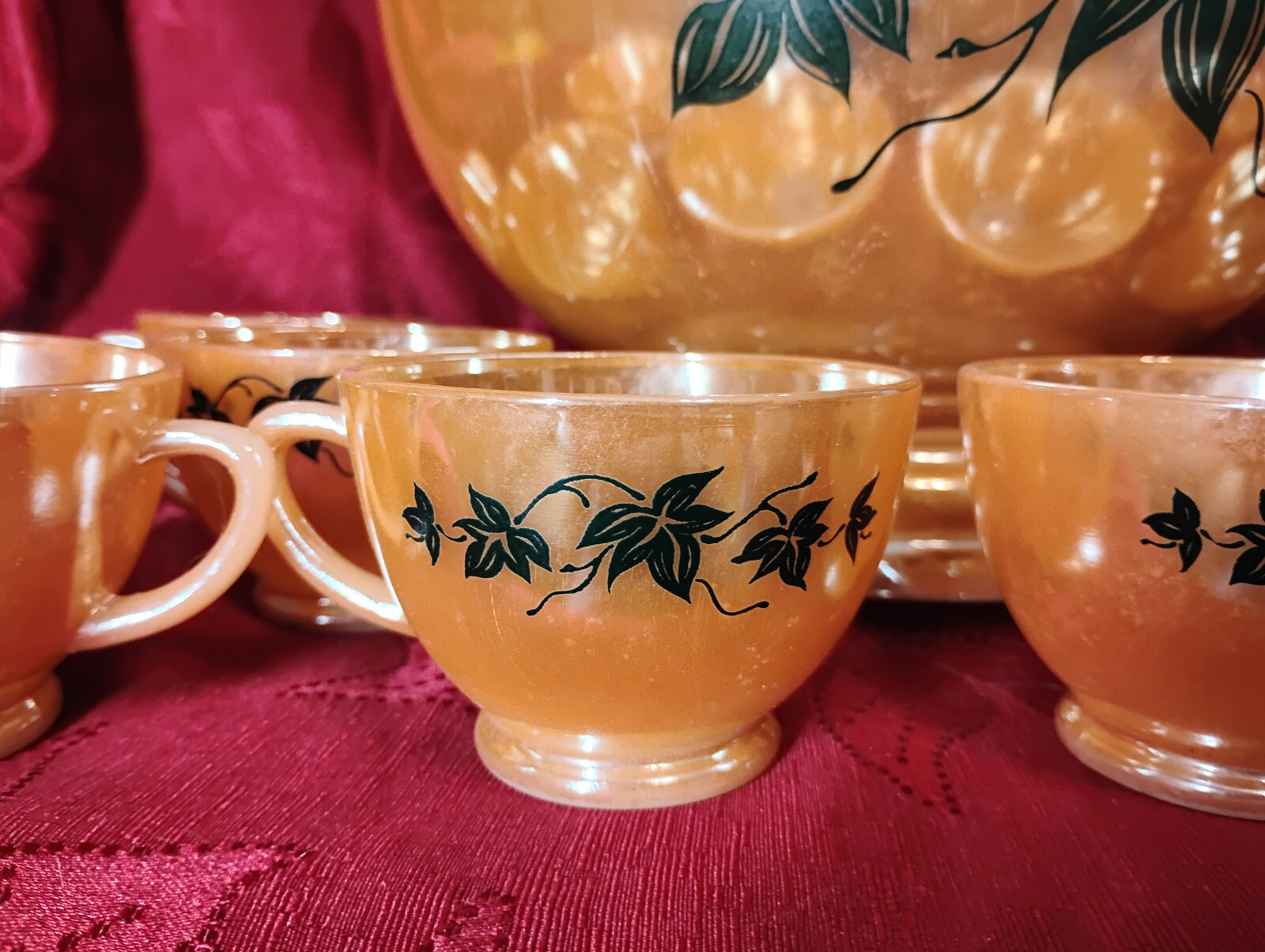 Fire King Anchor Hocking Peach Lustre Ivy Punch Bowl Set With 8 Cups  With Stand