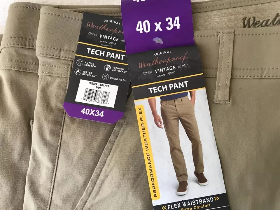 Mens Weatherproof Vintage Tech Pants Stretch Tan Size 40 x 34 NEW with tags