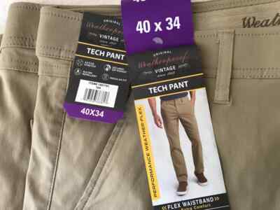 Mens Weatherproof Vintage Tech Pants Stretch Tan Size 40 x 34 NEW with tags