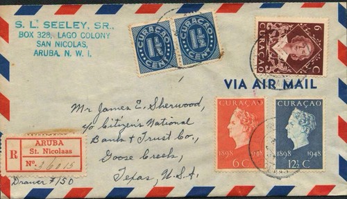 1948 Curacao Aruba St. Nicolaas Luftpostbrief nach Texas mit 5 Briefmarken