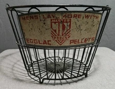 VINTAGE ADVERTISING WIRE EGG BASKET W SIGN MASTER FEEDS EGGLAC PELLETS OHIO